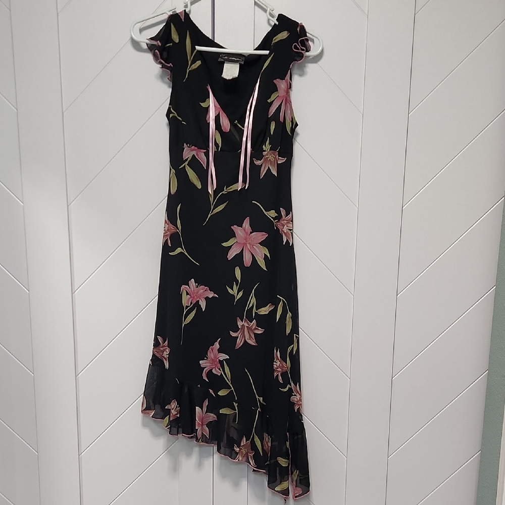 Floral Black Dress with Pink Accents